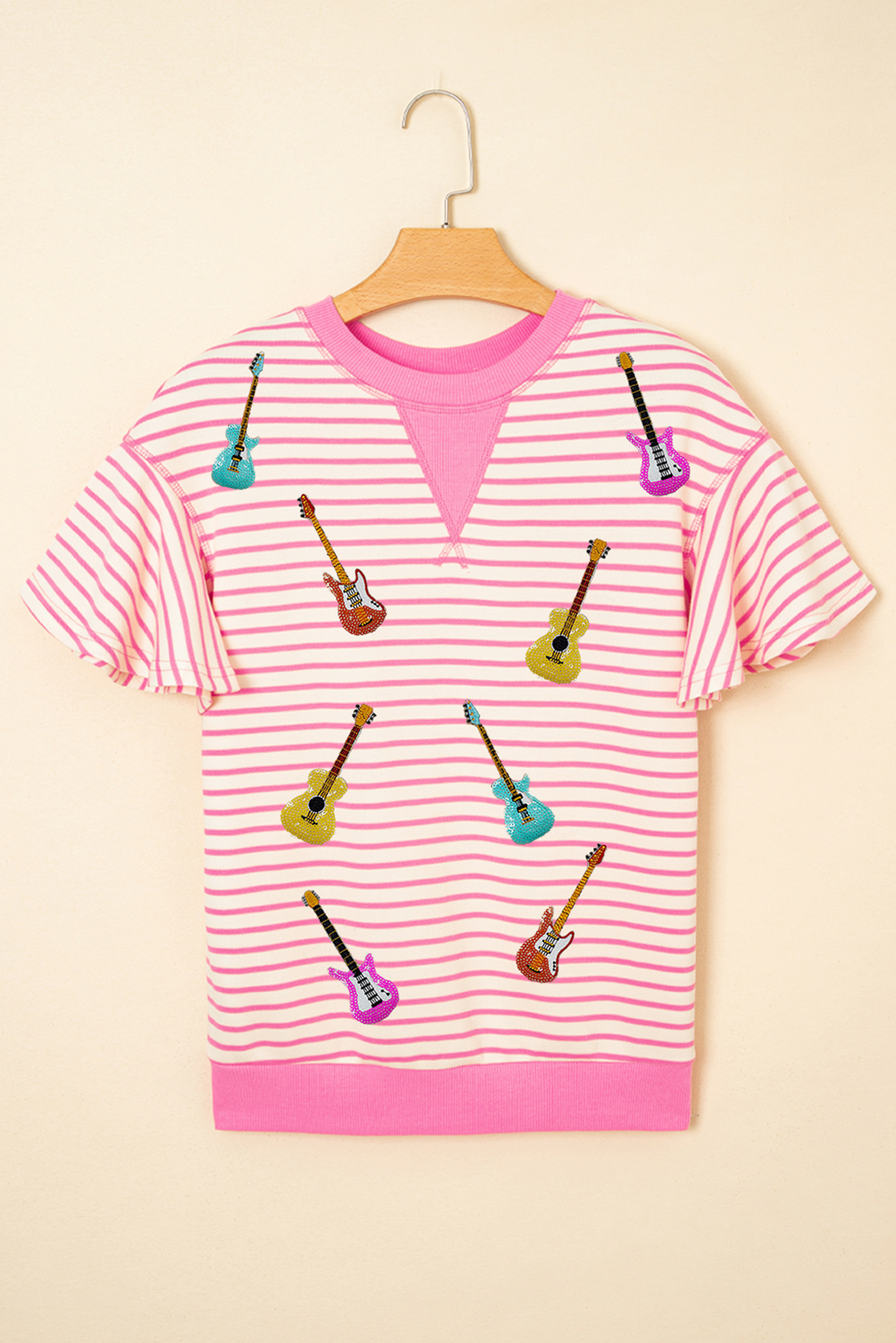 Sachet Pink Striped Guitar Patched Ruffle Short Sleeve Crossed Seam Blouse