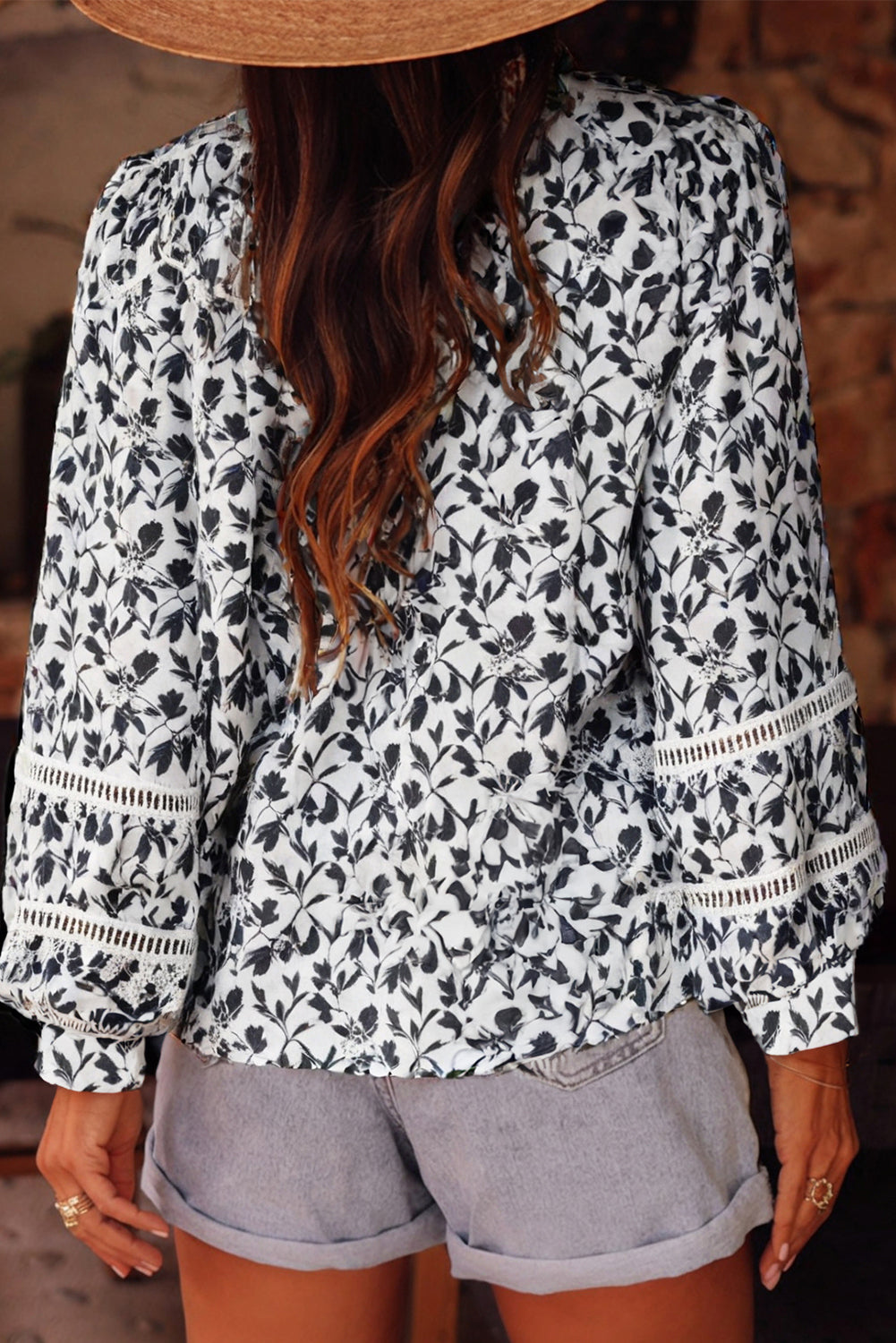 Black Printed Lace Detail Floral Puff Sleeve Fall Shirt