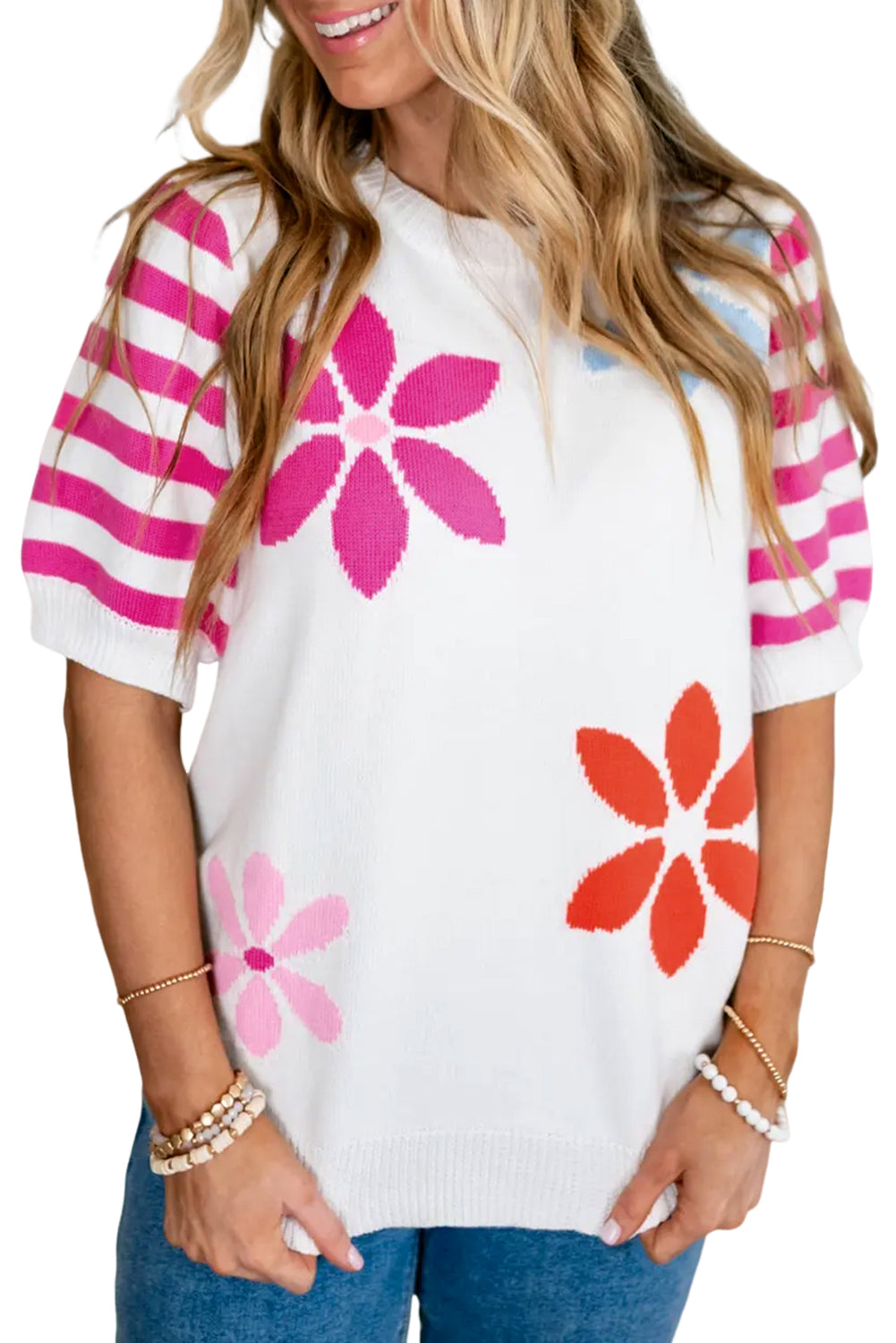 White Floral Pattern Striped Sleeve Sweater T Shirt