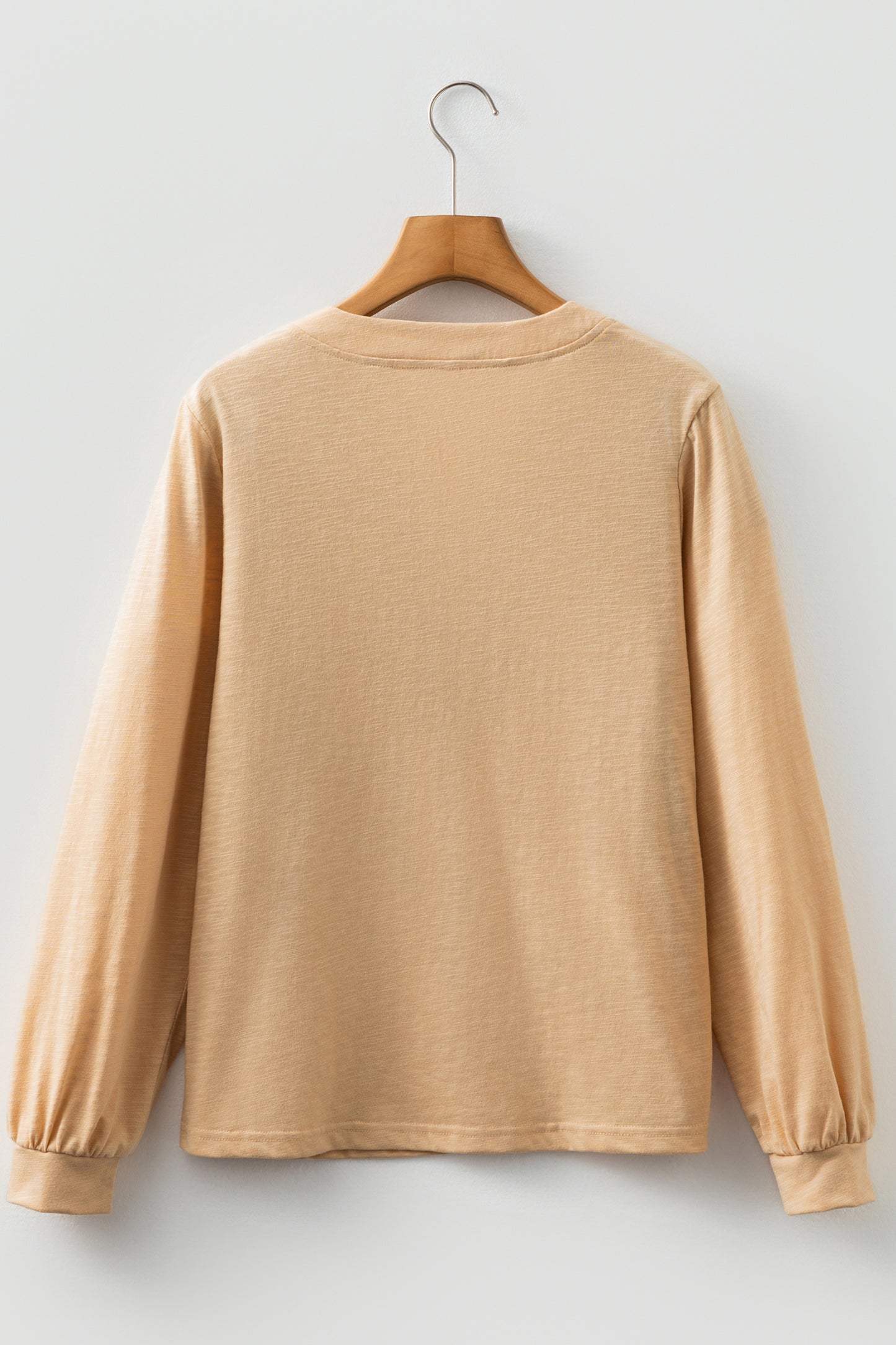 Light French Beige Solid Color Button V Neck Long Sleeve Top
