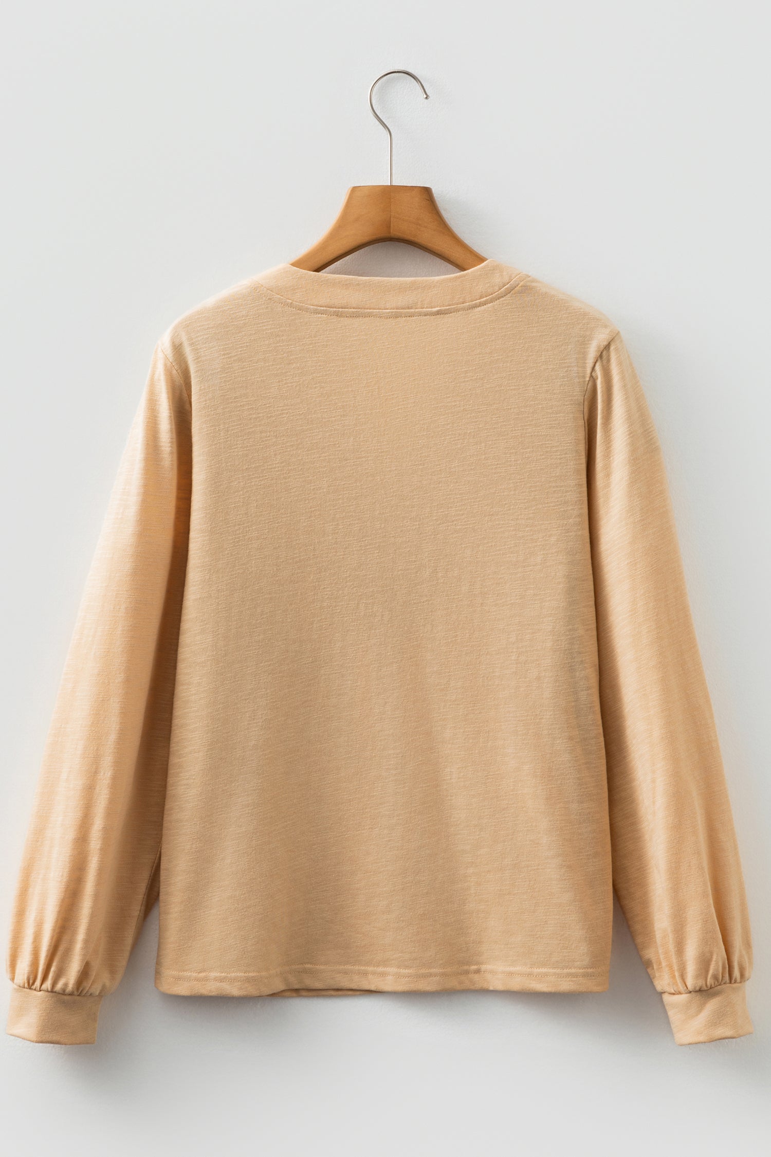 Light French Beige Solid Color Button V Neck Long Sleeve Top