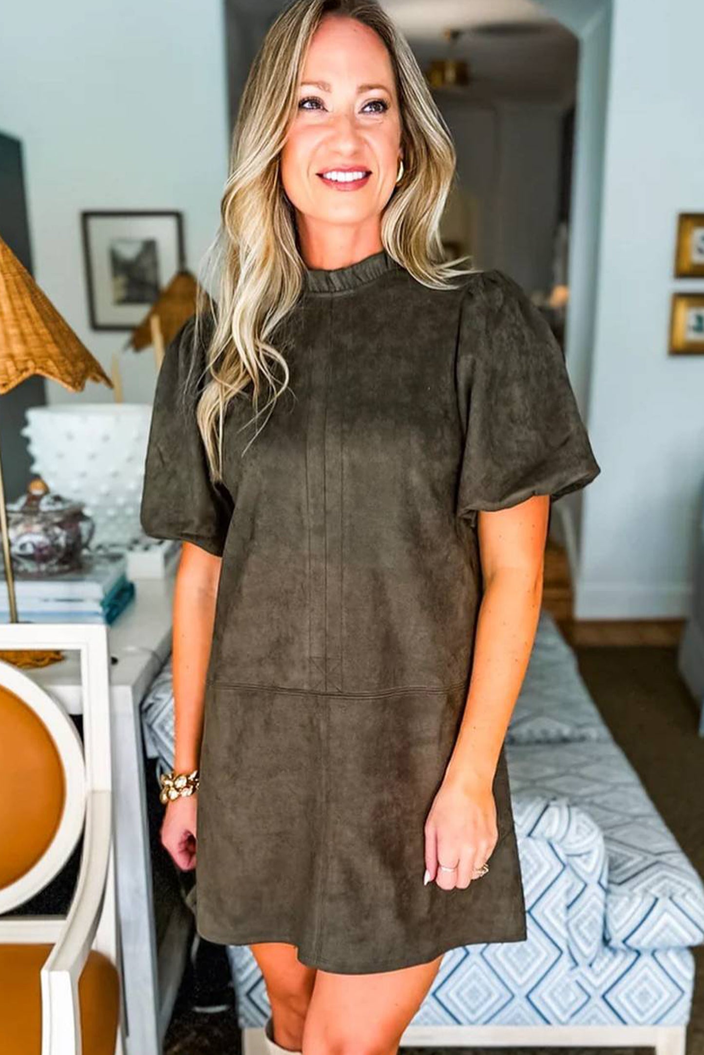 Moss Green Frilled Round Neck Short Puff Sleeve Shift Mini Dress