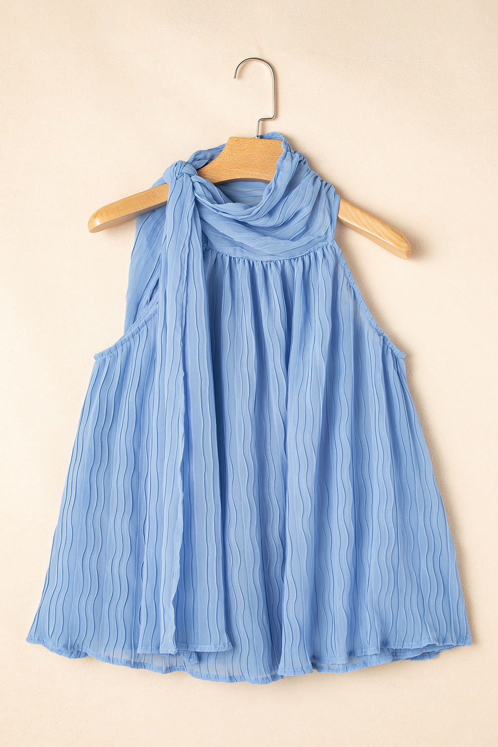 Myosotis Textured Pleated Tied Mock Neck  Flowy Tank Top