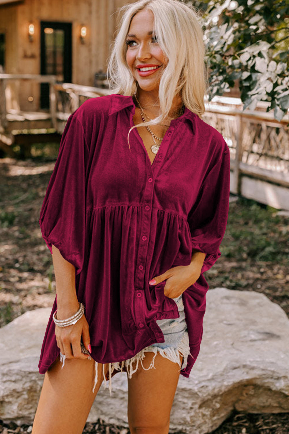 Burgundy 3/4 Sleeve Tunic Babydoll Velvet Shirt