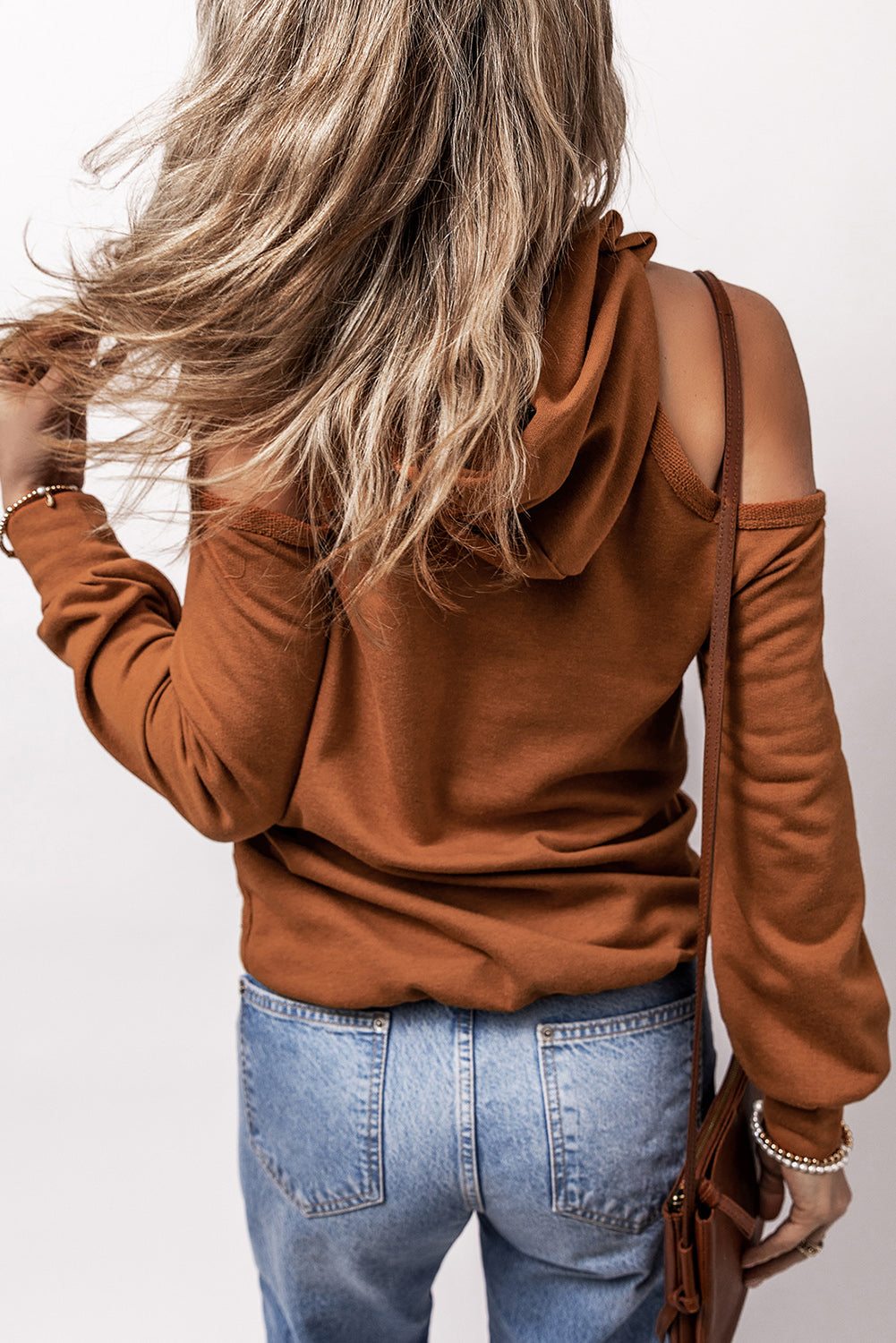 Cinnamon Exposed Seam Cold Shoulder Drawstring Hoodie