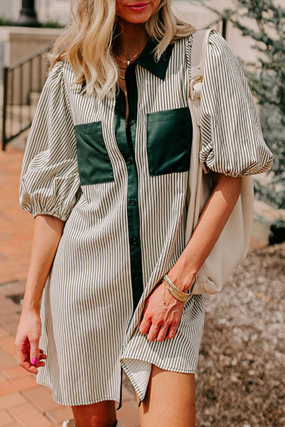 Green Patch Pockets Button Down Short Puff Sleeve Dress