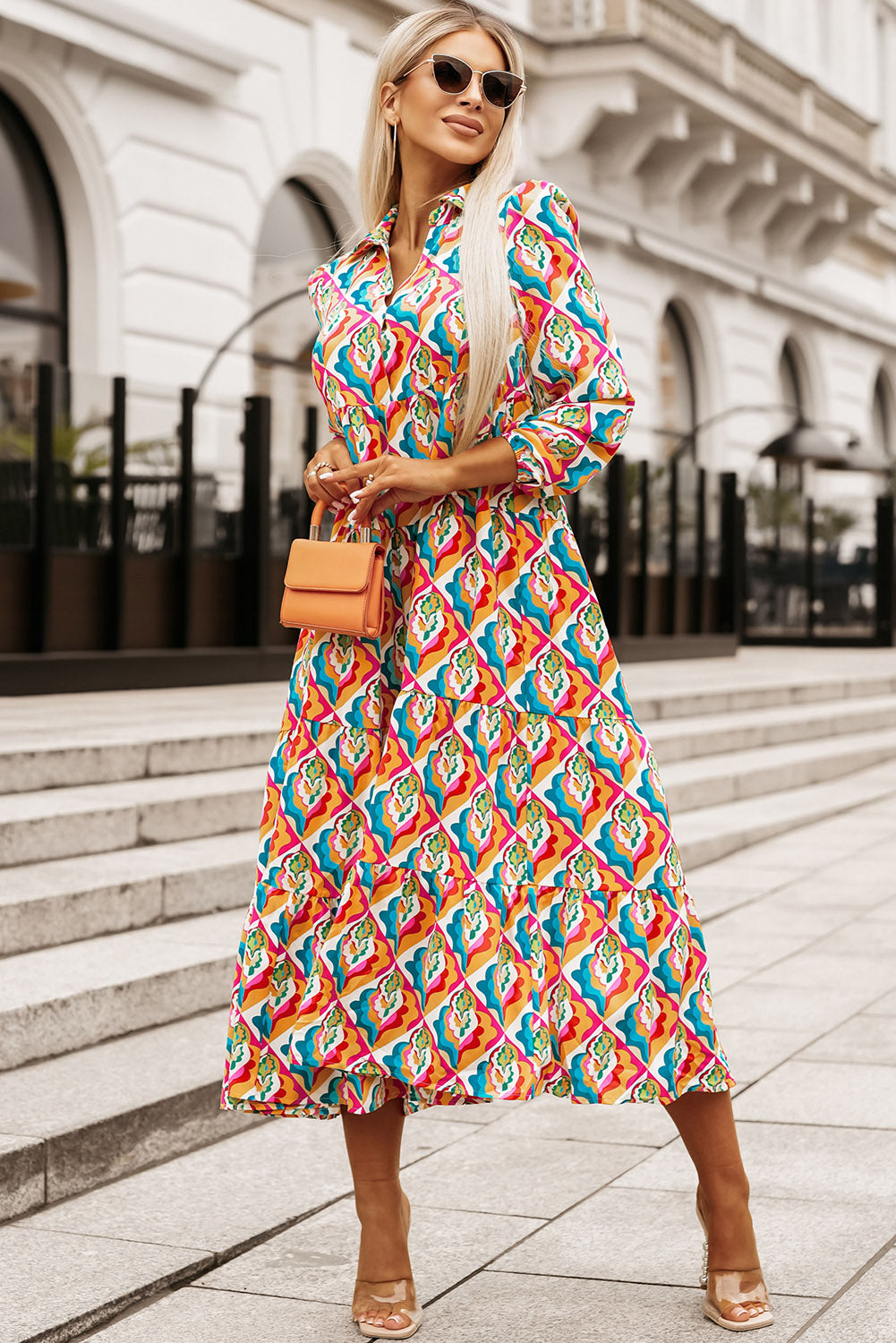 Multicolor Abstract Geometric Print Long Sleeve High Waist Dress