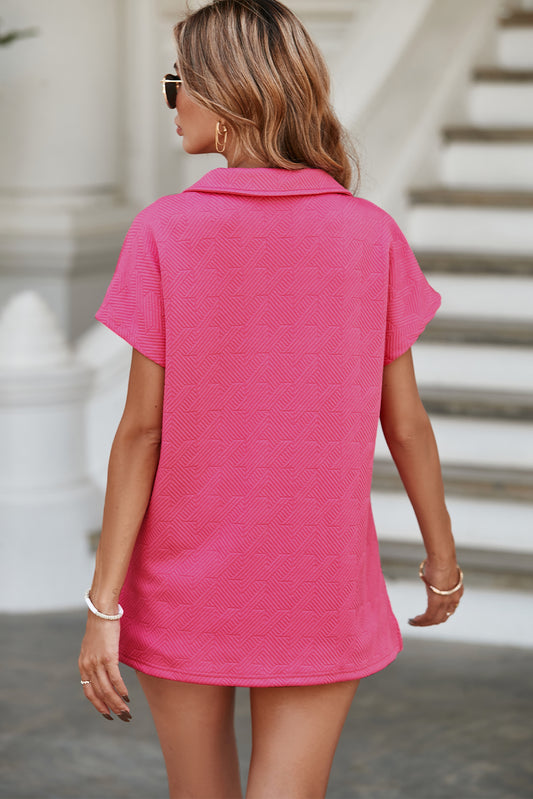 Rose Red Textured V Neck Collared Short Sleeve Top
