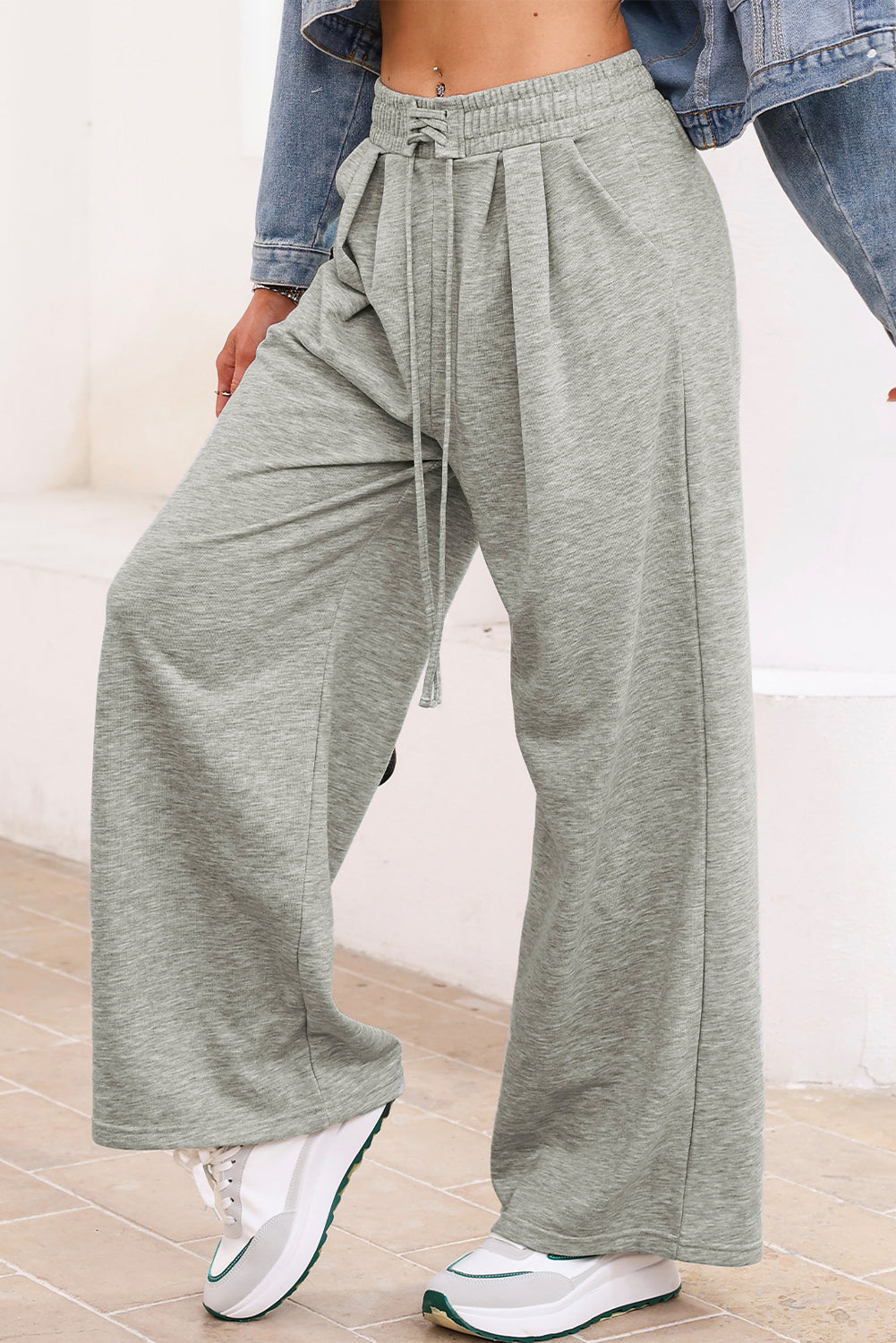 Gray Tied Elastic High Waist Pleated Detail Solid Sweatpants