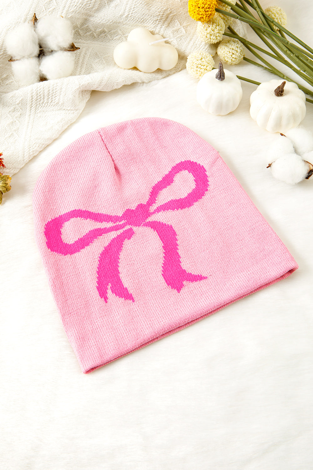 Pink Ribbon Bow Print Soft Knit Beanie
