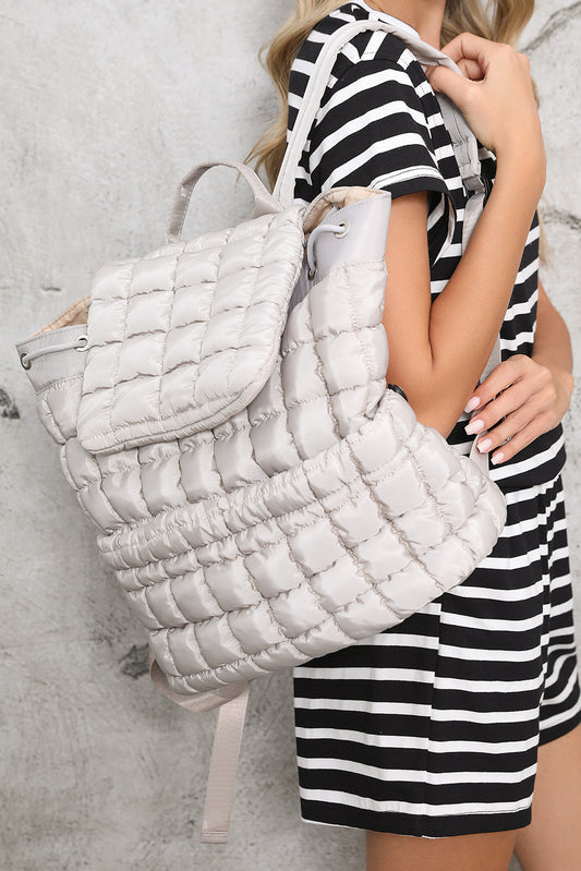 Medium Grey Solid Flapped Quilted Puffer Backpack