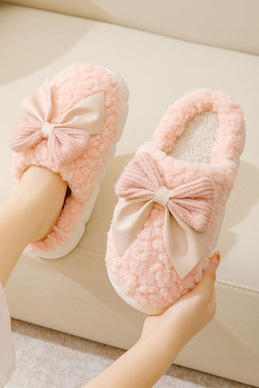 Pink Contrast Bowknot Applique Plush Winter Slippers (Bow Colors May Differ by Batch)