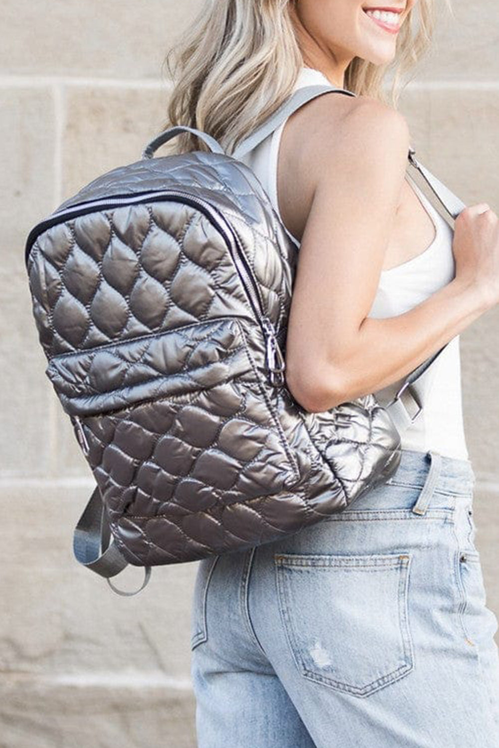 Silvery Quilted Large Capacity Functional Backpack