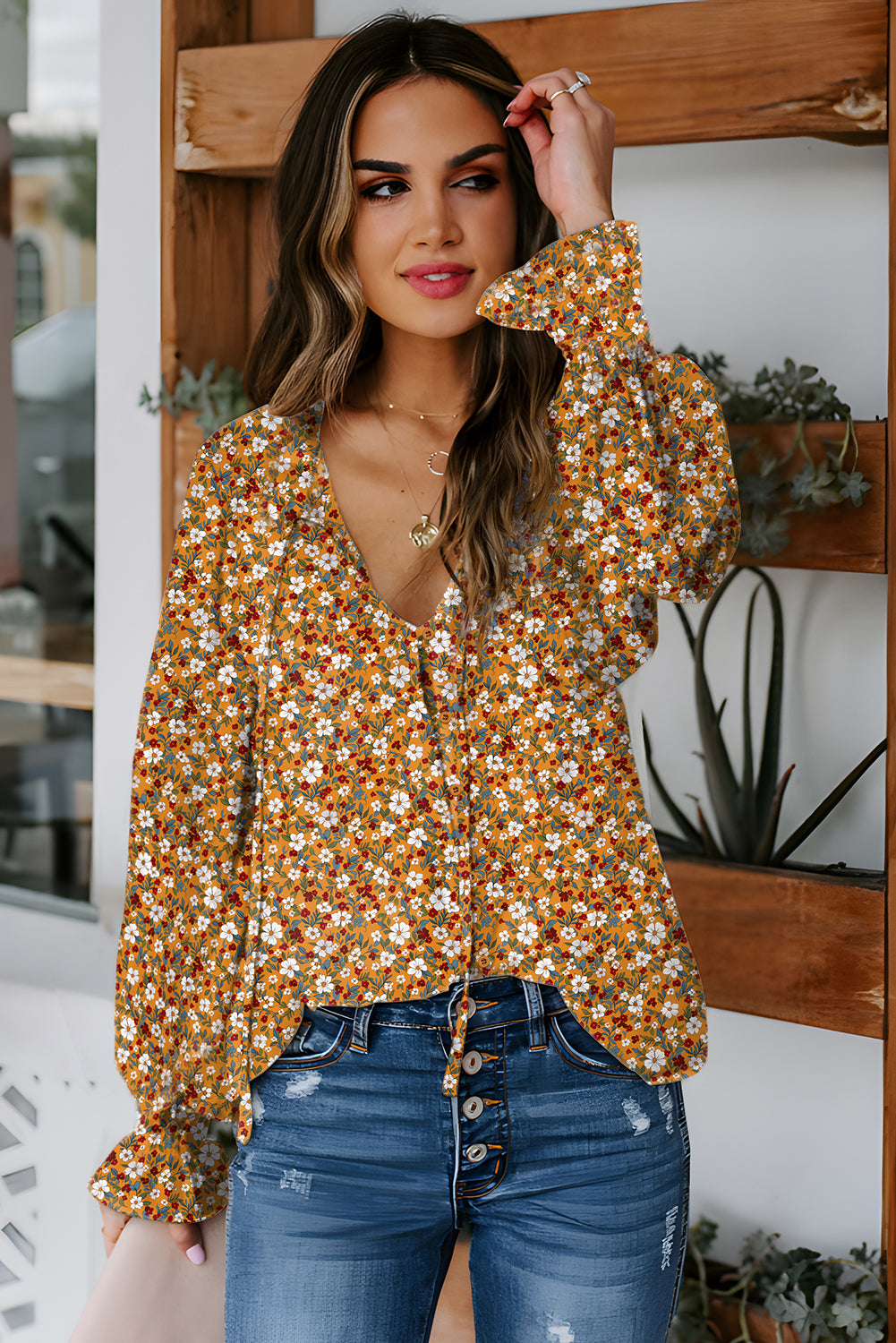 Orange Boho Floral Ruffled Bubble Sleeve V Neck Fall Blouse