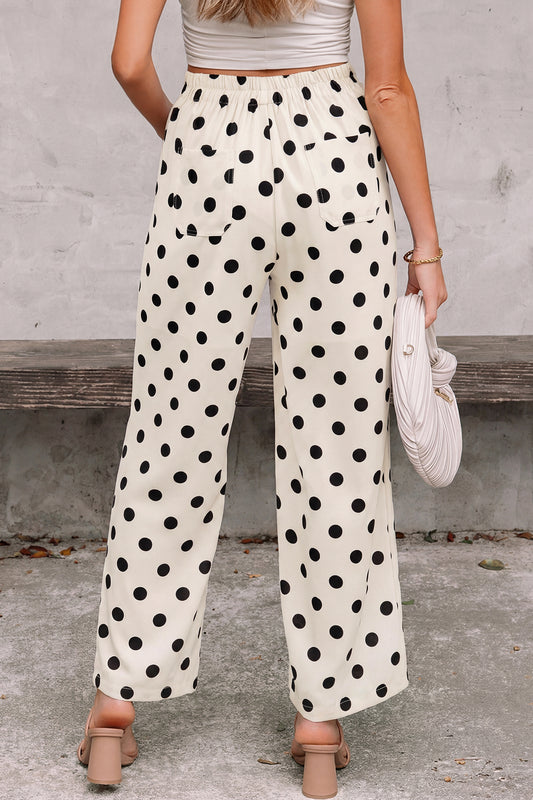 White Polka Dot Print Patched Pocket Loose Pants