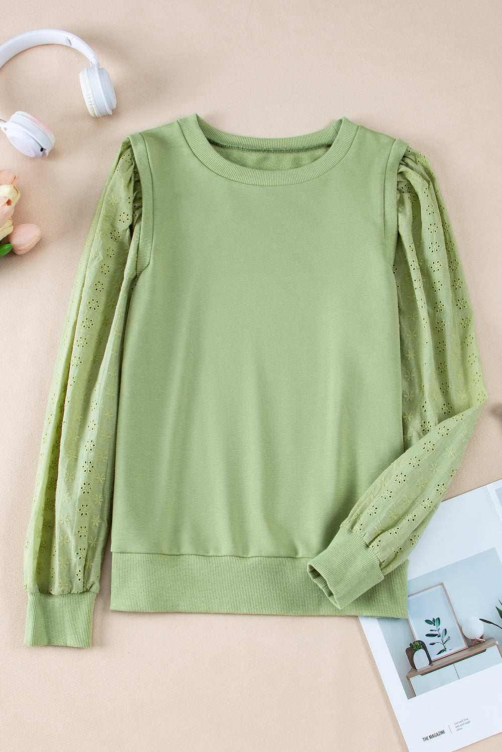 Mist Green Solid Patchwork Sleeve Round Neck Sweatshirt