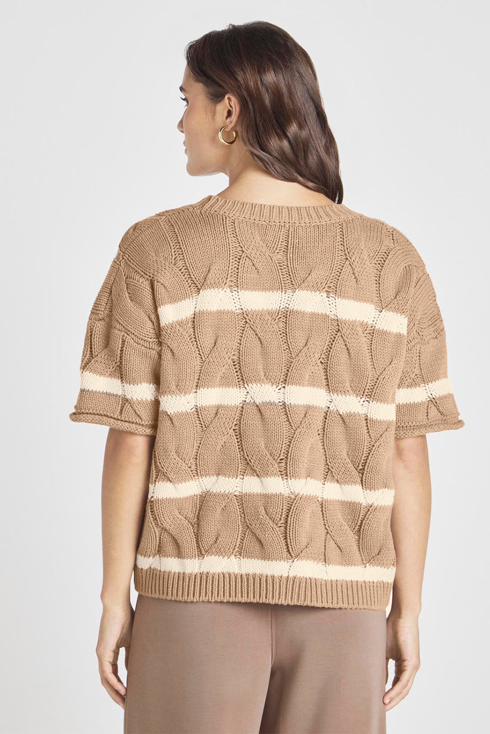 Dark Khaki Striped Cable Short Sleeve Sweater