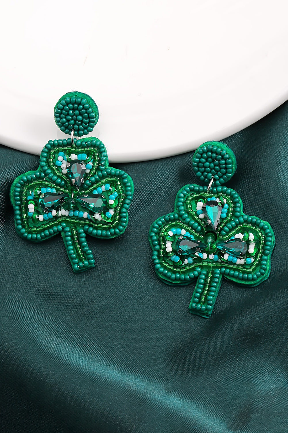 Blackish Green St Patrick Shamrock Rice Beaded Stud Earrings