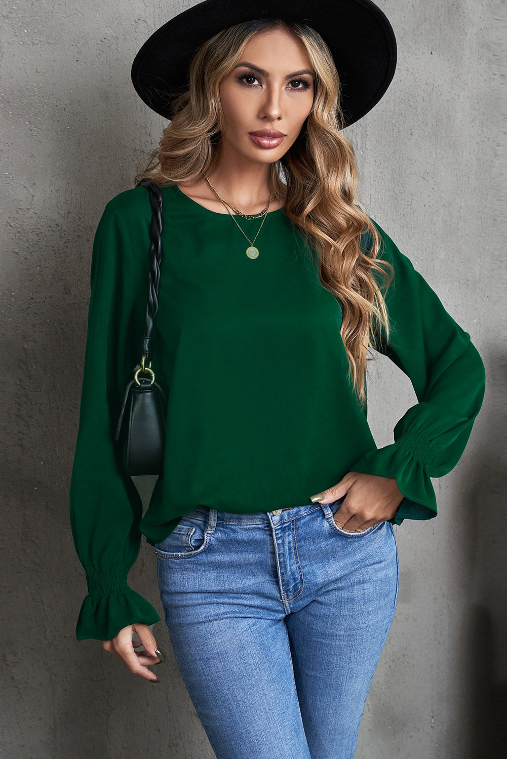 Green Crew Neck Ruffle Bubble Sleeve Top