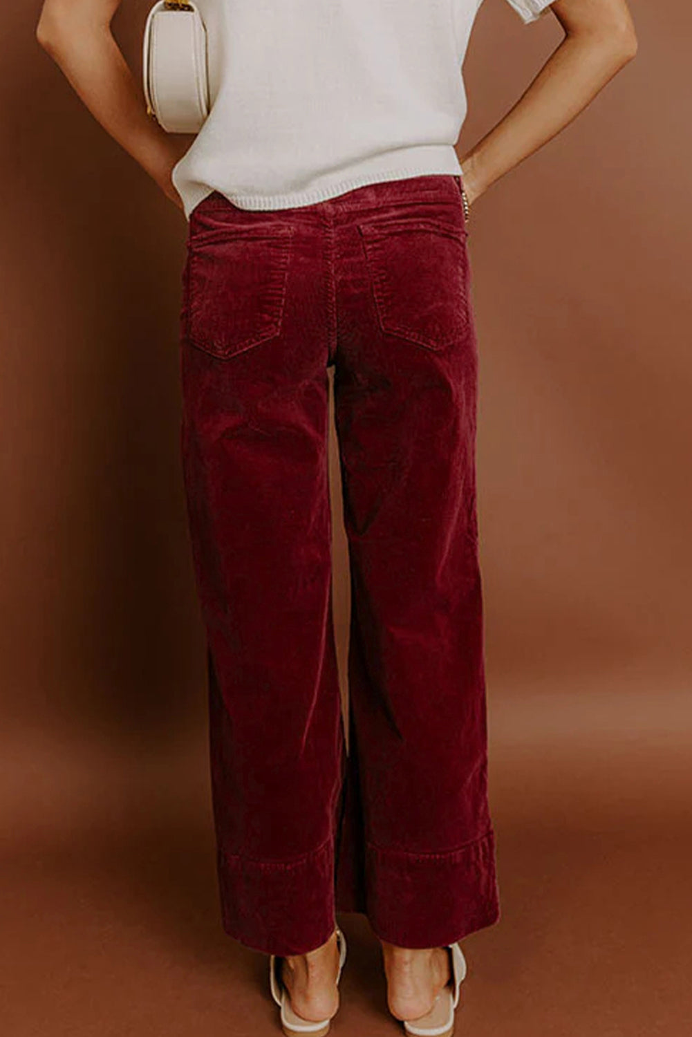 Burgundy Corduroy Solid Color High Waist Wide Leg Pants