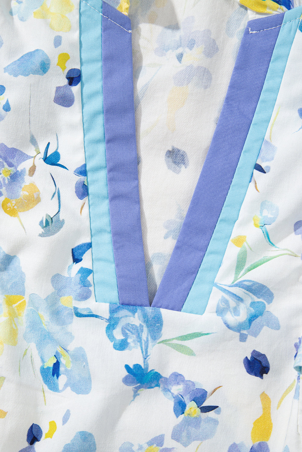 Sky Blue Floral Print Frilled Notched V Neck Blouse