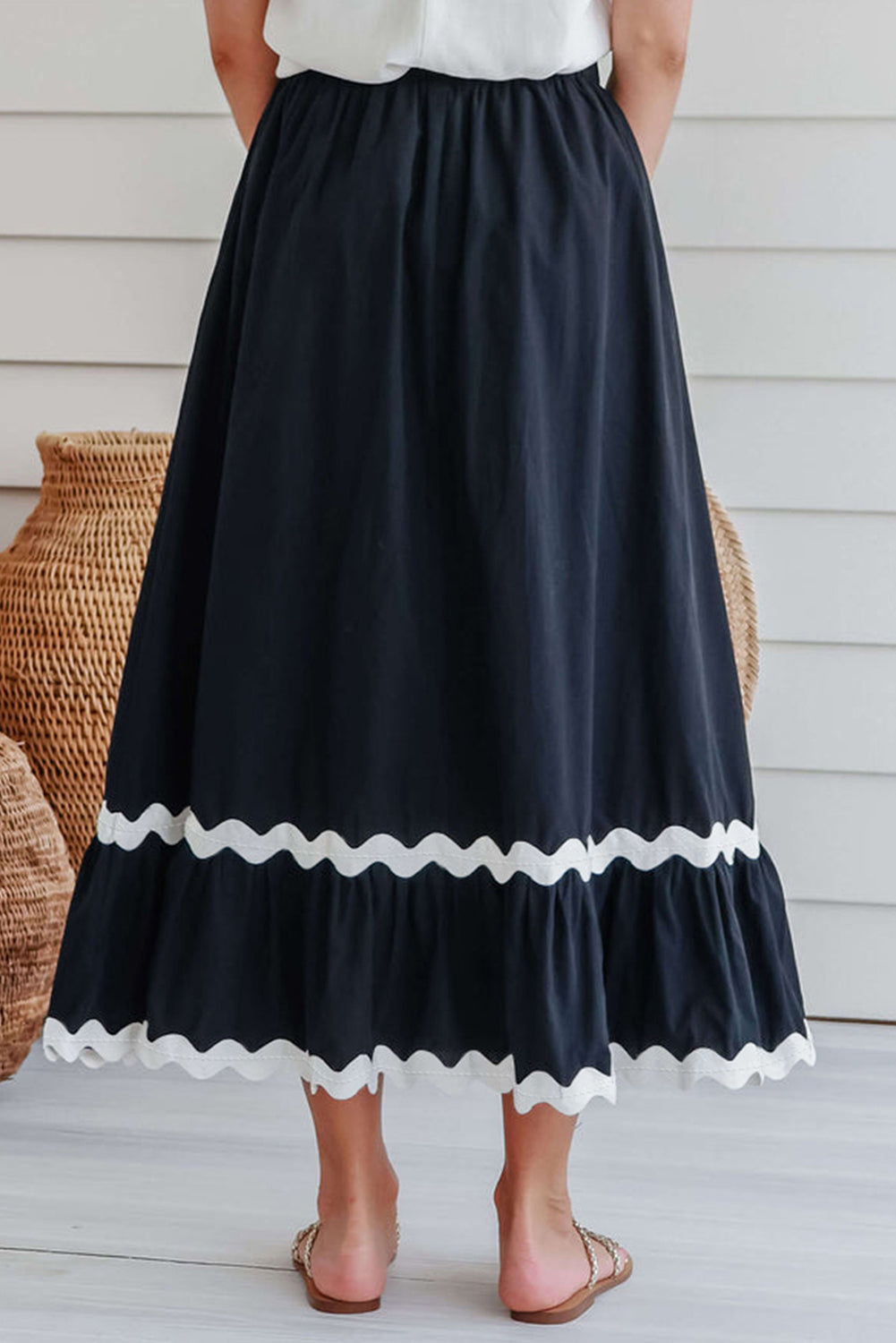 Black Ricrac Trim Colorblock High Waist Long Skirt