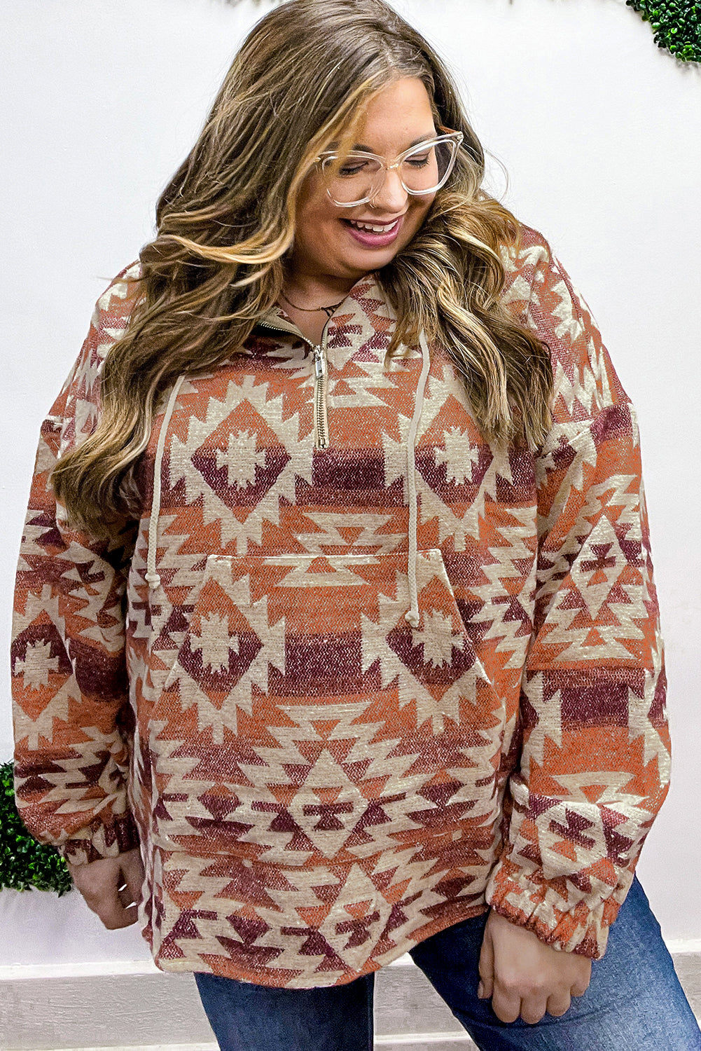 Red Plus Size Western Fashion Aztec Patterned Half Zip High Neck Hoodie