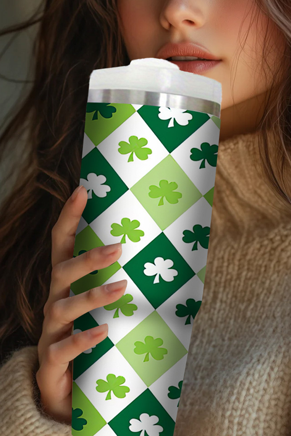 Green Clover Checkered Print Straw Large Tumbler 40oz