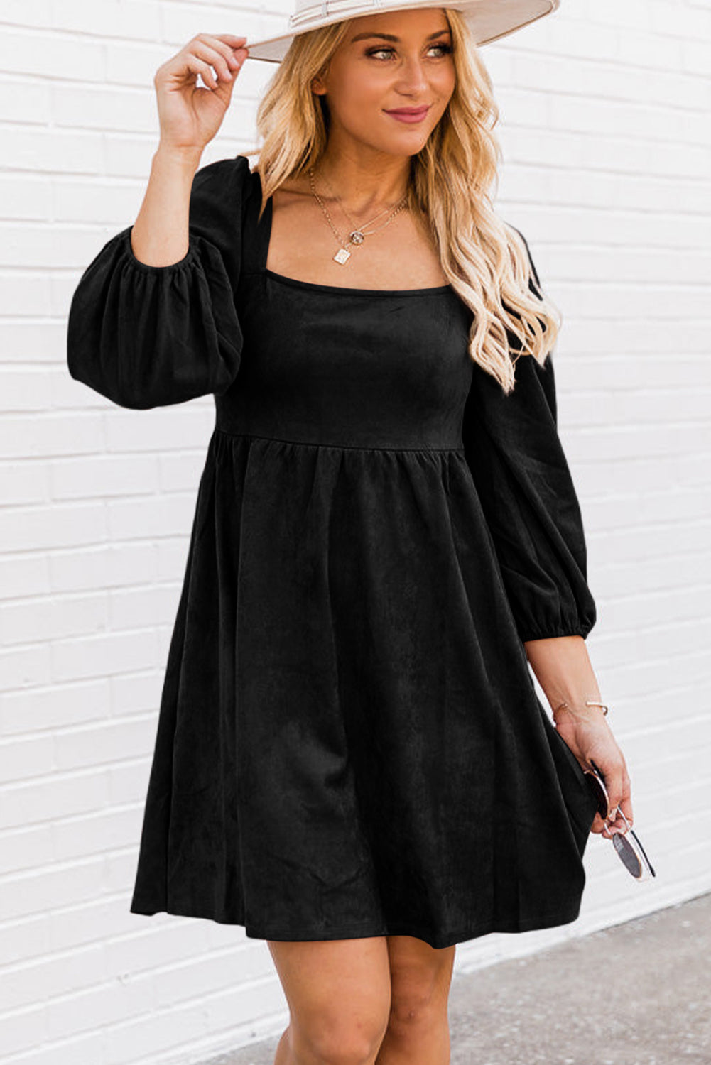 Black Suede Square Neck Puff Sleeve Dress