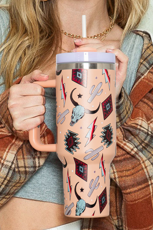 Apricot Pink Western Aztec Steer Head Stainless Tumbler 40oz