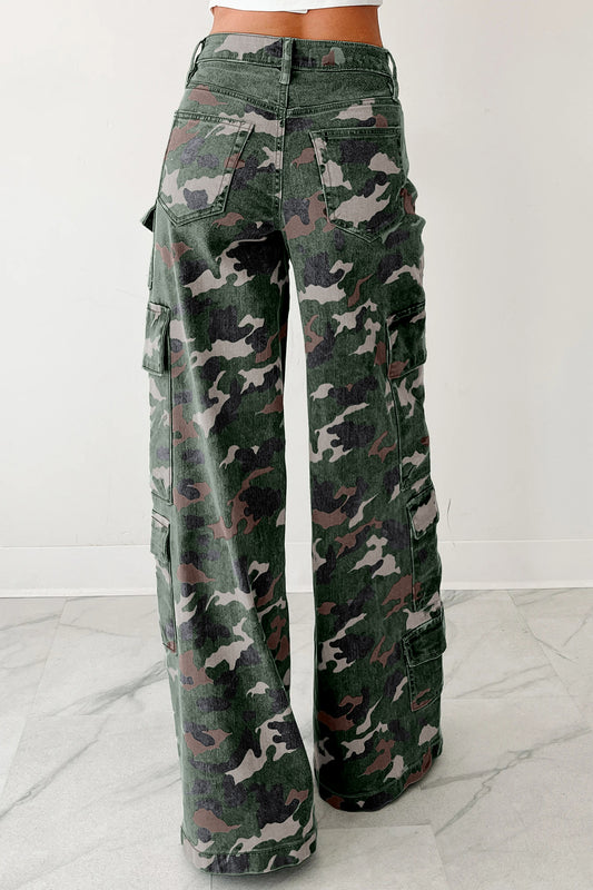 Green Camo Denim Cargo Wide Leg Pants