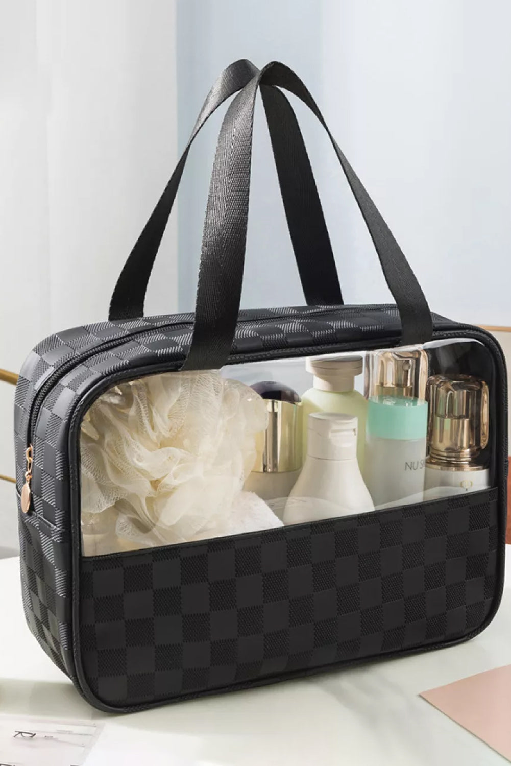 Black Stylish Checkered PVC Clear Cosmetic Bag