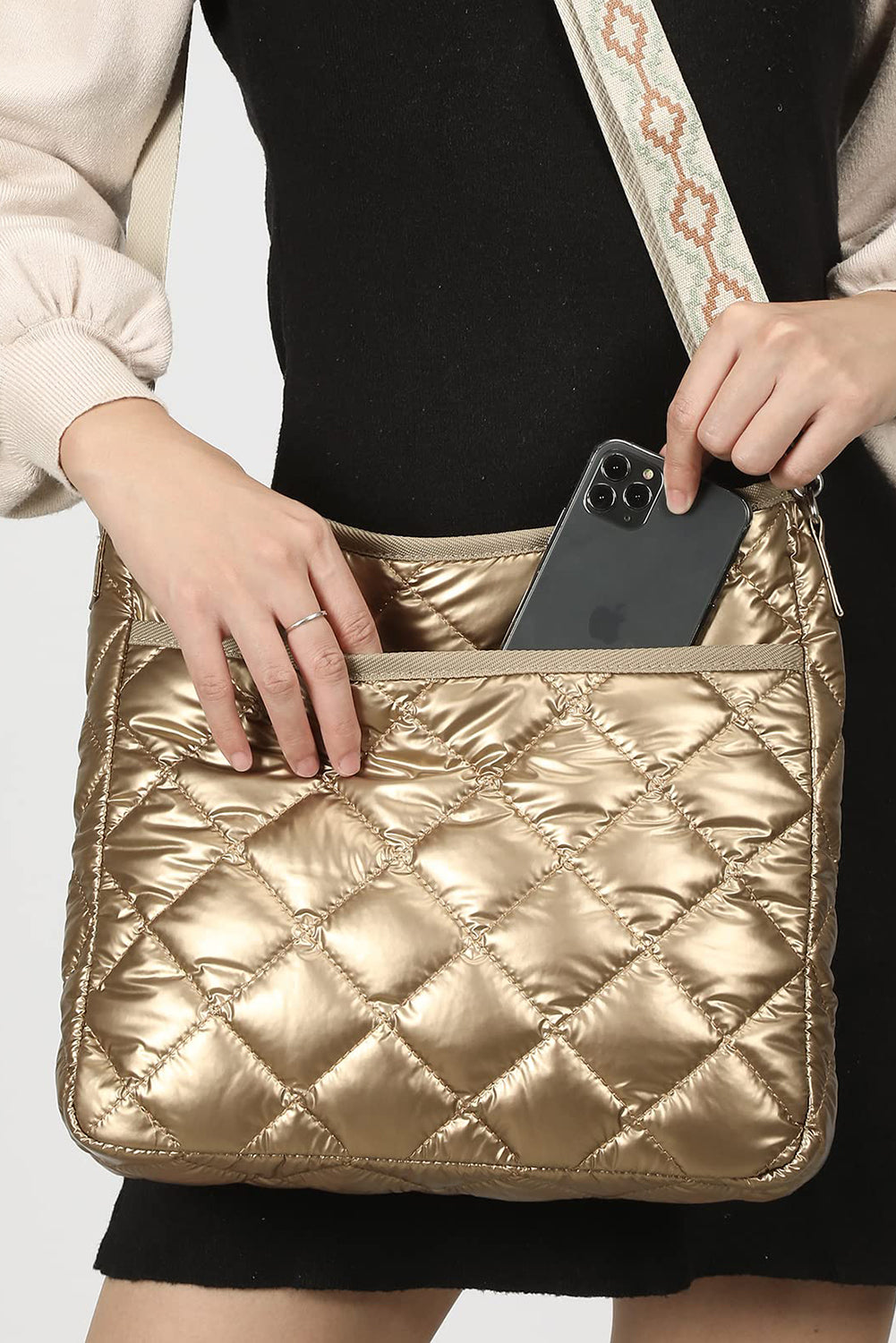 Gold Quilted Large Capacity Shoulder Bag