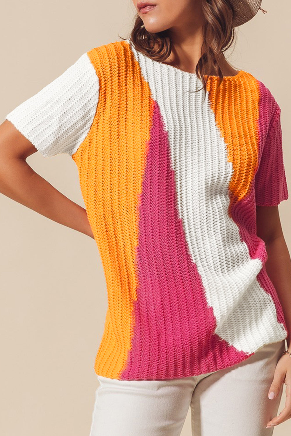 Orange Textured Knit Colorblock Short Sleeve Sweater