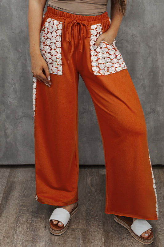 Gold Flame Plus Size Floral Crochet Patch Drawstring Wide Leg Pants