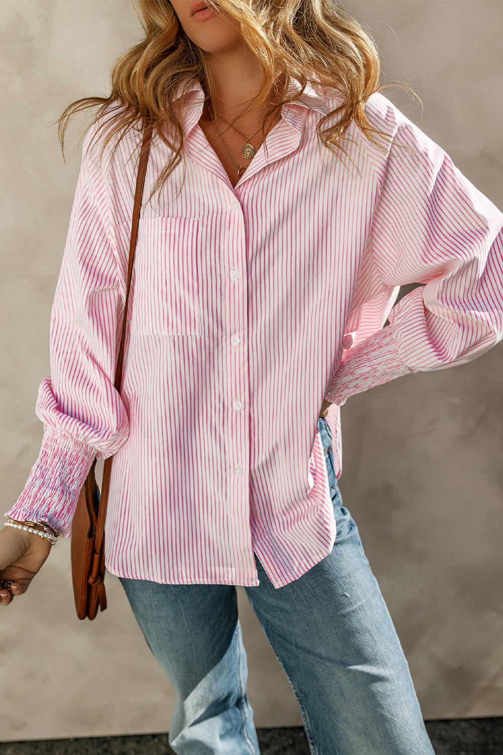 Bonbon Shirred Cuffs Collared Raglan Sleeve Relaxed Shirt
