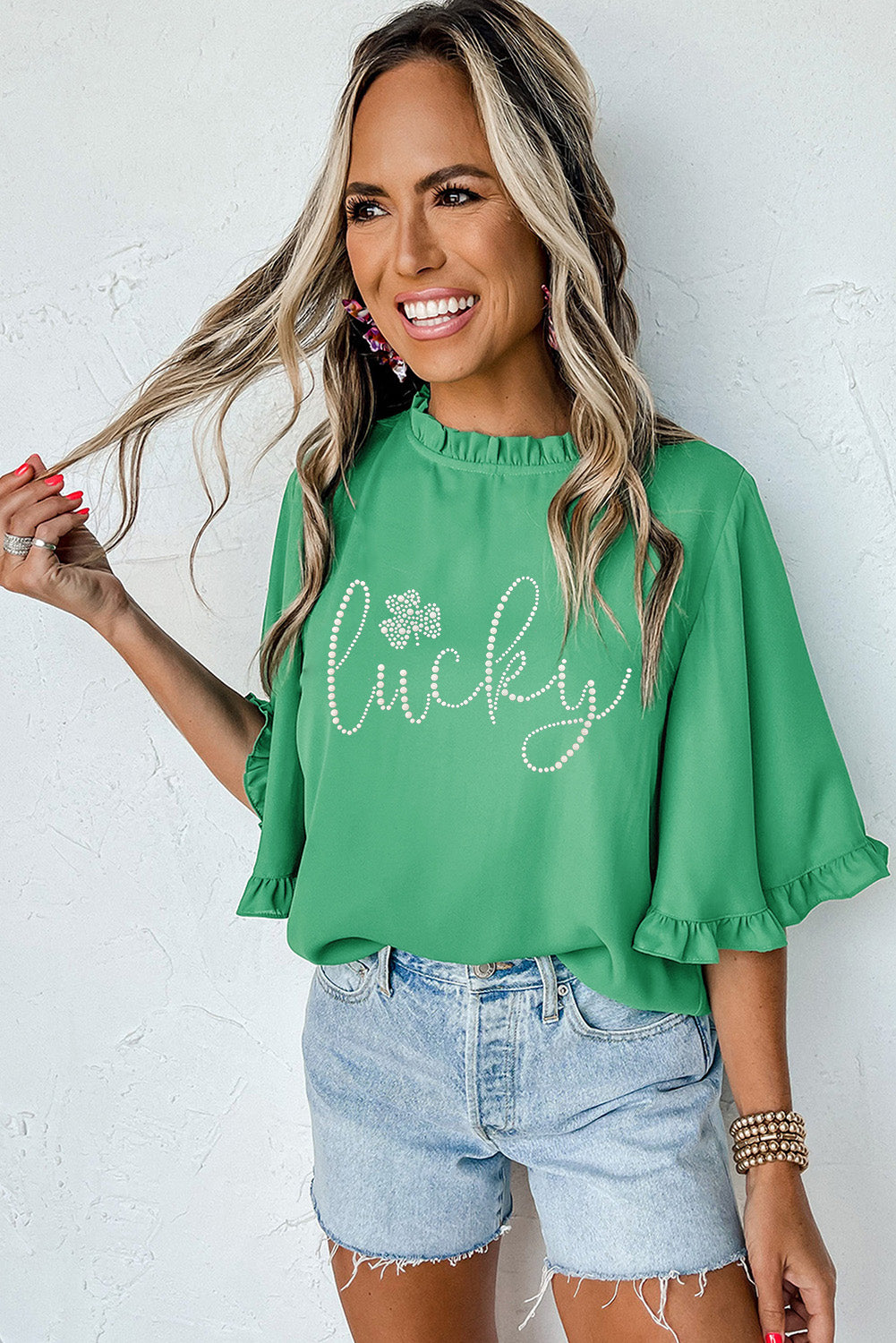 Green Ceramic Rhinstone lucky Clover Graphic Frilled Bell Sleeve Blouse