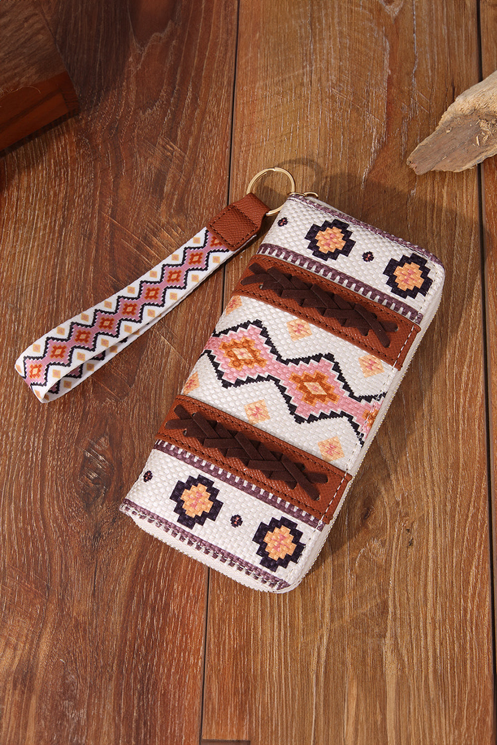 White Western Aztec Print PU Leather Wristlet Wallet