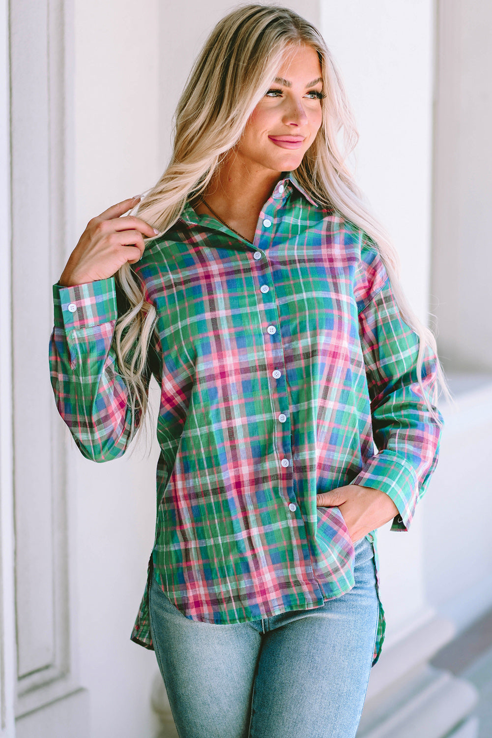 Green Plaid Long Sleeve Button Down Split Shirt