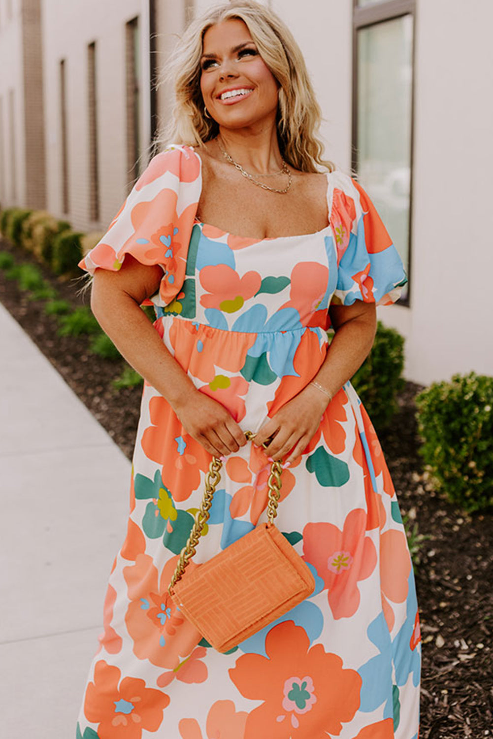 Orange Plus Size Flower Print Shirred Square Neck Maxi Dress