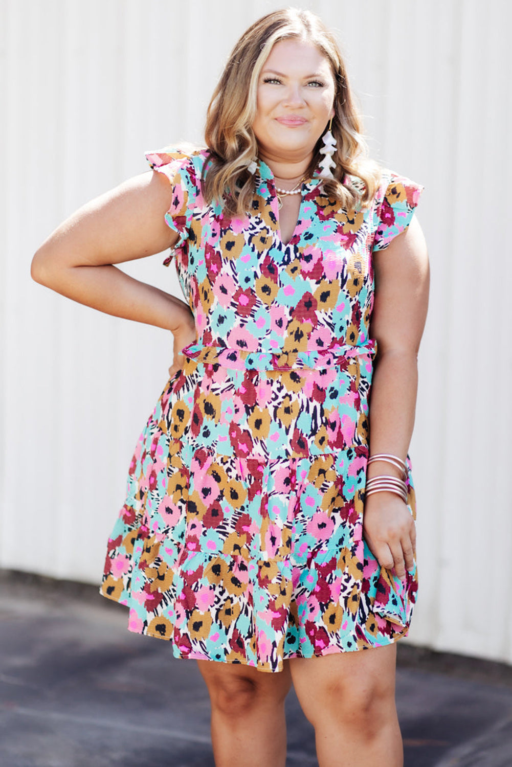 Red Floral Ruffled Cap Sleeve Plus Size Mini Dress