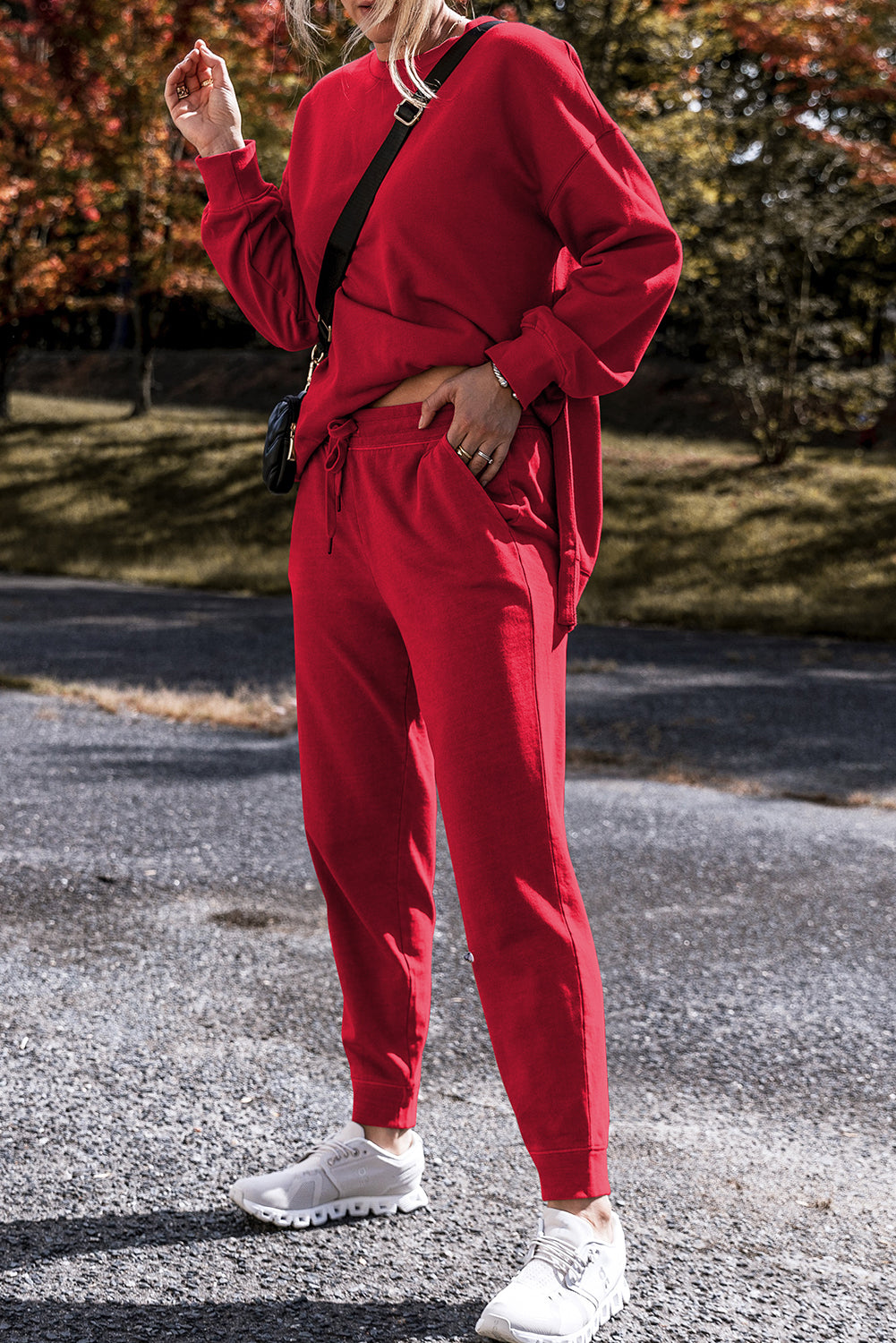 Racing Red Solid Color High Low Pullover and Skinny Pants Set