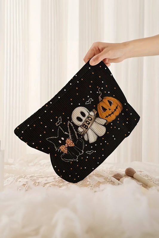 Black Cute Halloween Print Ribbed Makeup Storage Bag