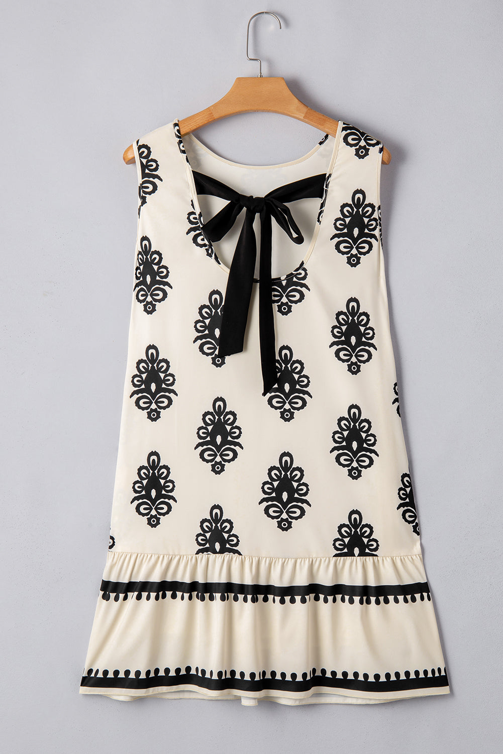 Beige Geometric Printed Sleeveless Hollowed Bowknot Back Mini Dress