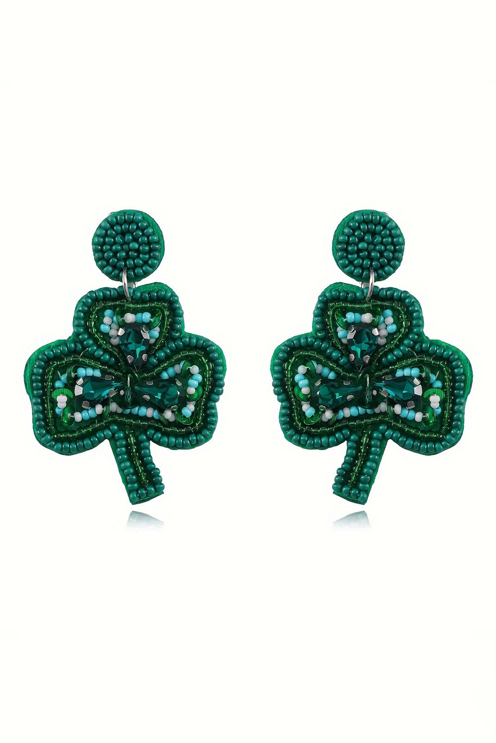 Blackish Green St Patrick Shamrock Rice Beaded Stud Earrings