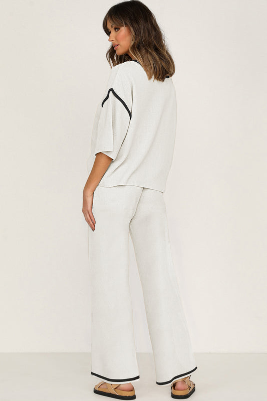 White Contrast Trim Half Sleeve Top Drawstring Pants Loose 2pcs Sweater Suit