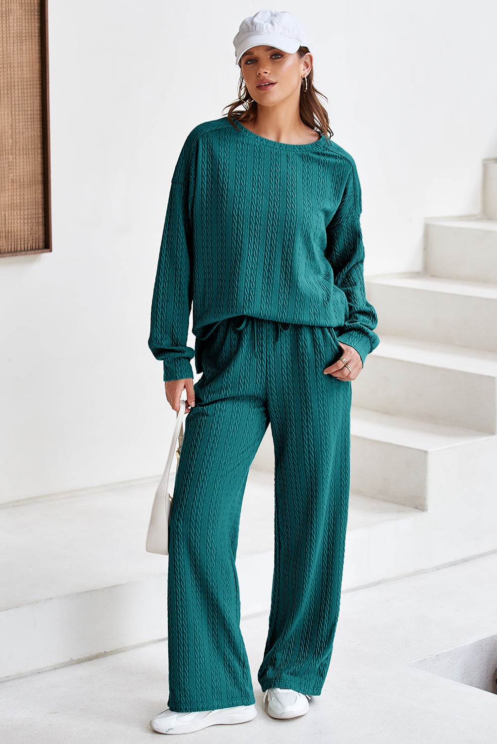 Sea Green Textured Round Neck Sweatshirt & Loose Drawstring High Waist Pant Set