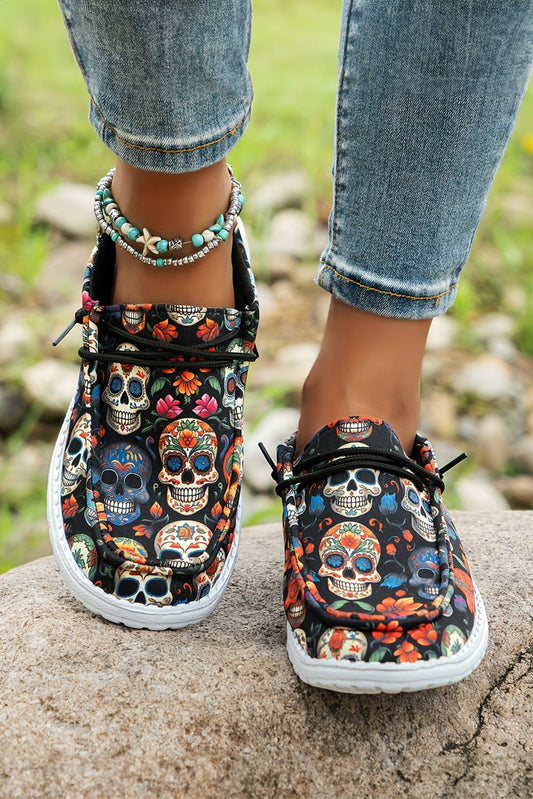 Black Sugar Skull Print Lace-up Detail Halloween Flat Shoes