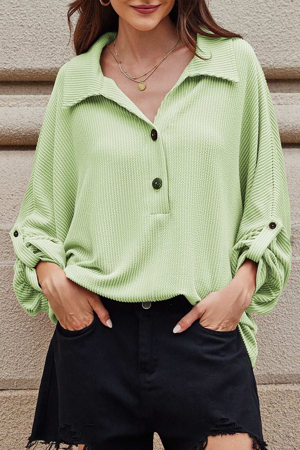 Clearly Aqua Oversized Twist Ribbed Collared Henley Top with Roll up Sleeve