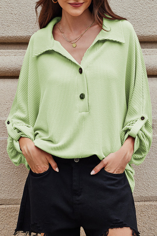 Clearly Aqua Oversized Twist Ribbed Collared Henley Top with Roll up Sleeve